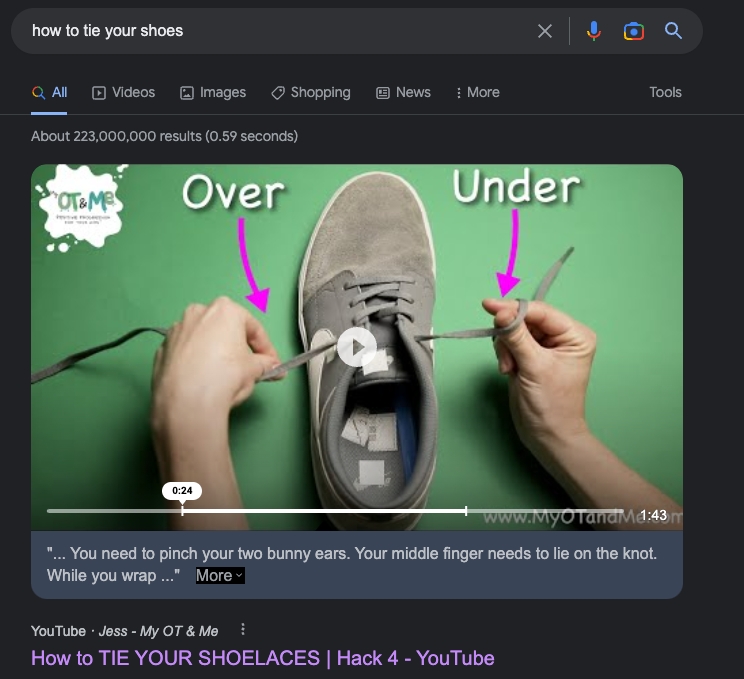 chaselambda's tweet photo. Yikes, #1 google result for "how to tie your shoes" is a totally different way. It's both confusing and an even worse knot than the granny knot. *But* it is faster to tie. https://t.co/S59xaI04r9