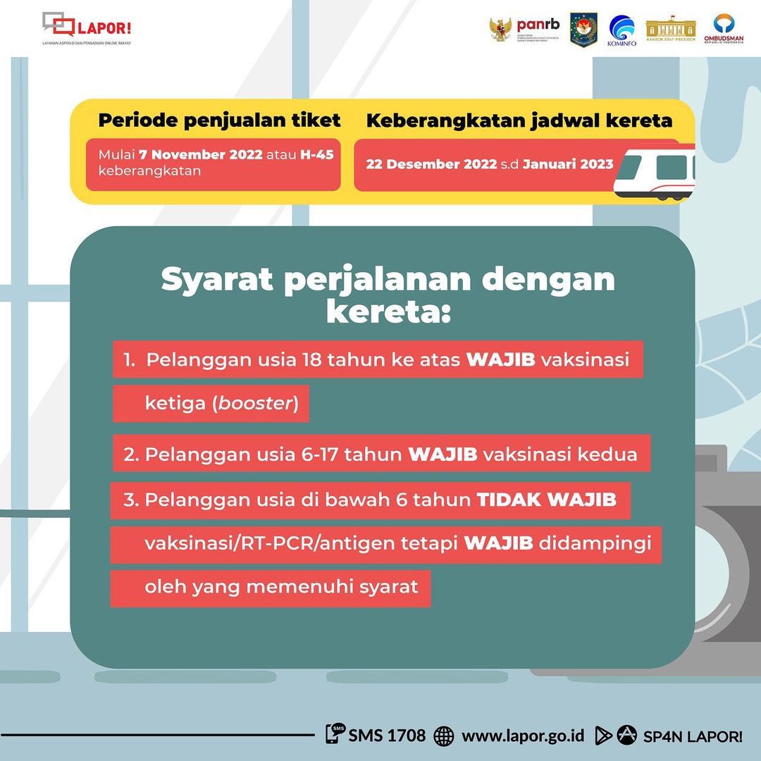 Selamat sore, #SahabatLAPOR!
Penjualan tiket kereta api periode libur Nataru 2022/2023 diselenggarakan secara bertahap. Tiket Kereta nantinya dapat dibeli melalui aplikasi KAI Access, website kai.id, Contact Center 121, Loket Box, serta seluruh mitra resmi.