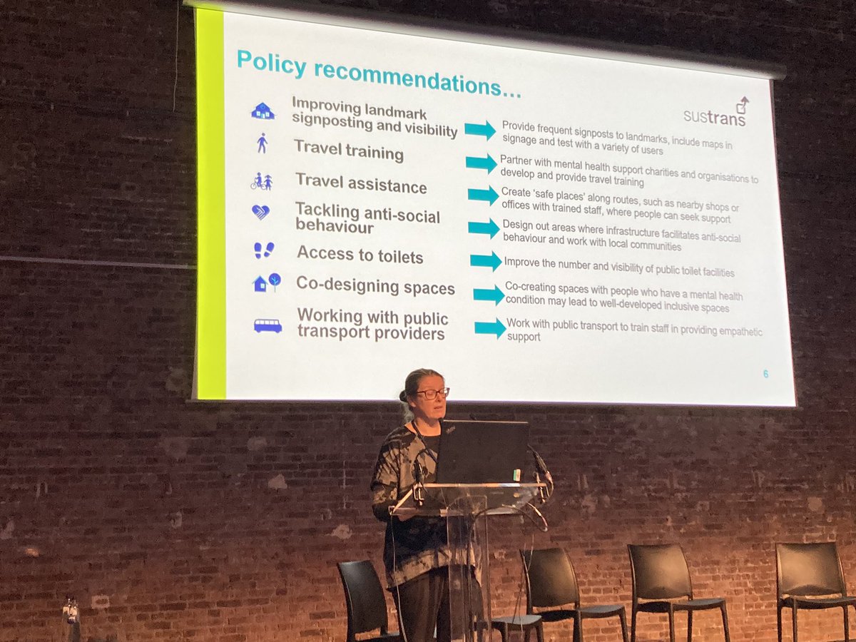 Research on #ActiveTravel and #MentalHealth recommends: Improving signposting, work w mental health charities, co-designing spaces, working w public transport. Sustrans Ruth Van Ry in Brussels at #POLIS22 <a href="/POLISnetwork/">POLIS</a> <a href="/transcotland/">Transport Scotland</a>