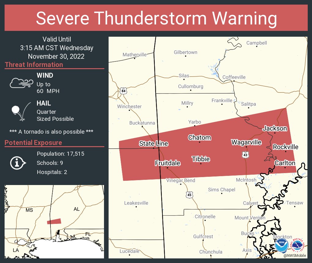 NWS Mobile on Twitter "Severe Thunderstorm Warning including Jackson AL, Chatom AL and Leroy AL