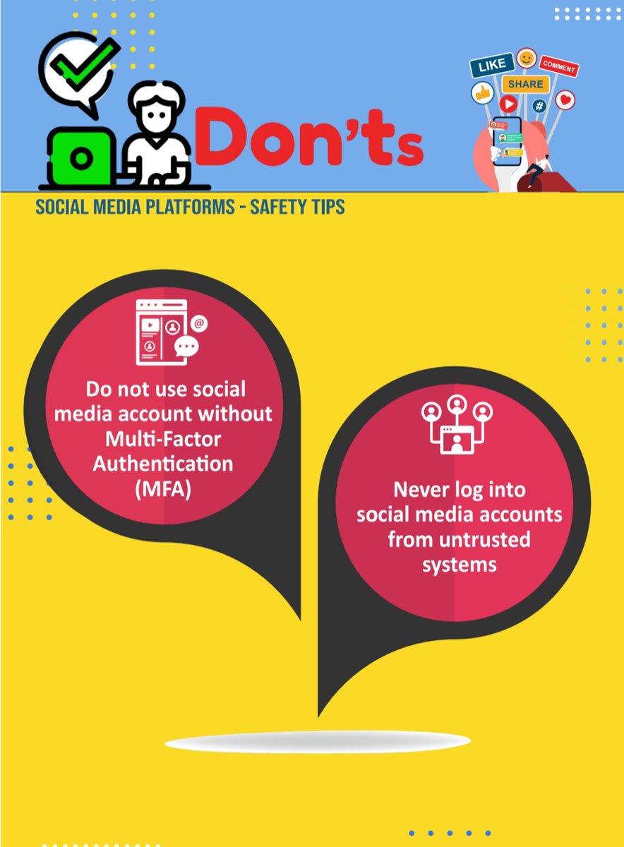 BSF_BICIT's tweet photo. #cybersecurity
#SocialMedia
" Social Media Platforms - Safety Tips, Dos and Don'ts "
#BSF #BICIT #Cyber
#_DigitalIndia #GoI_MeitY #IndianCERT #Cyberdost https://t.co/jVcAFrRTKj