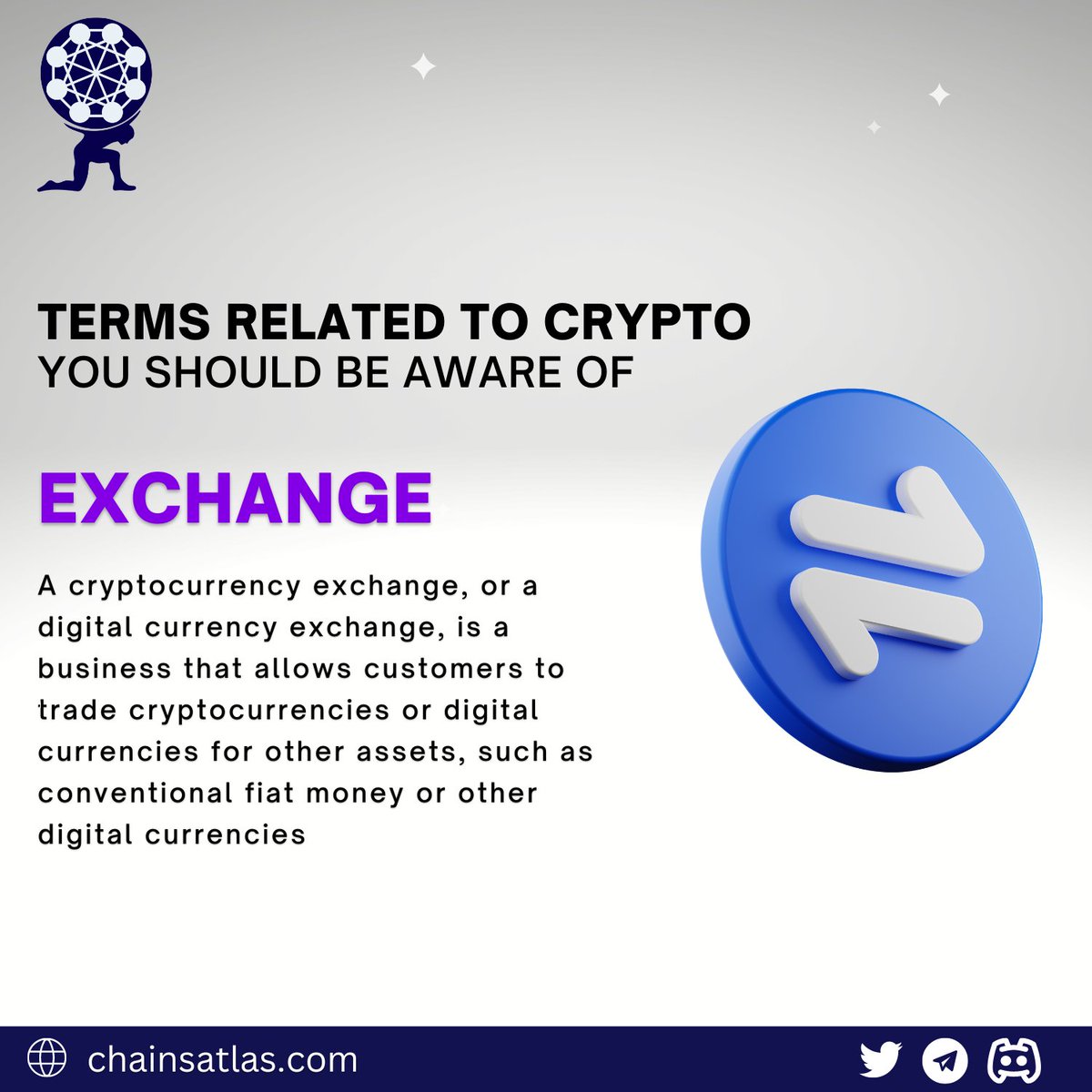 ChainsAtlas's tweet photo. 💡 Terms related to Cypto you should be aware of

↔️ EXCHANGE

ℹ️ A cryptocurrency exchange is a business that allows customers to trade cryptocurrencies or digital currencies for other assets, such as conventional fiat money or other digital currencies.

#CryptoTerms #Blockchain https://t.co/5uG8GzD3xE