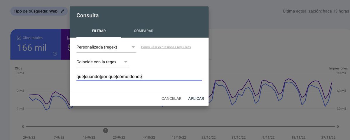 ferkalamos's tweet image. En Search Console probando Regex #seo

Ves a Rendimiento &amp;gt; Resultados de búsqueda &amp;gt; + NUEVO &amp;gt; Consulta &amp;gt; Personalizado (regex) y escribe qué|cuando|por qué|cómo|donde para buscar consultas de preguntas que &quot;te suelan hacer&quot; y asi.. refuerzas esos contenidos !!

sorpresas ?
