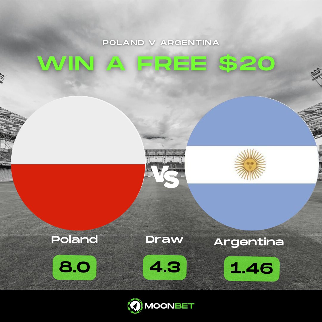 MOONBETofficial's tweet photo. 💸WIN A #FREE $20 AT #MOONBET
🏆How to #Win
1. Like & RT
2. Comment with the correct score and username
3. Tag 2 friends
🇵🇱#Poland v #Argentina 🇦🇷
👉1 per user
👉Post before 8pm GMT+1
#FIFAWorldCup #Giveaway #Qatar2022 https://t.co/0wemp8J2eS