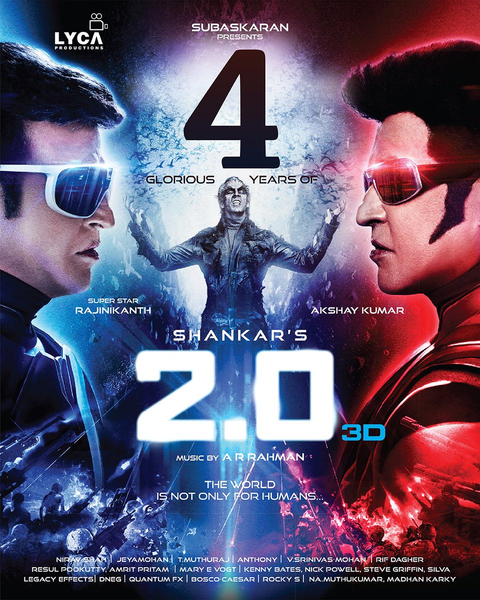 kayaldevaraj's tweet photo. November 29th 

#4yearsOf2Point0
#2Point0 #4YrsOf2Point0

@rajinikanth 🌟
@shankarshanmugh 🎬
@akshaykumar @iamAmyJackson 
@arrahman 🎶
#NiravShah 🎥 #Jeyamohan 📝 @muthurajthangvl 📐 @editoranthony ✂️ https://t.co/wHOdPZ5EH2