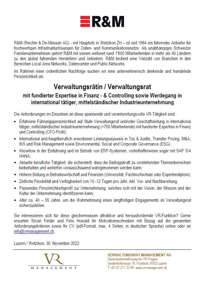 GESUCHT: #Verwaltungsrätin / #Verwaltungsrat für die Reichle &amp; De Massari Holding AG, #Wetzikon  / Expertise in #Finanz - &amp; #Controlling (Typus #CFO) sowie Werdegang in international tätiger Industrieunternehmung (&gt;750 MA)
 
Ausschreibung unter vrmanagement.ch/vr-mandate/off…