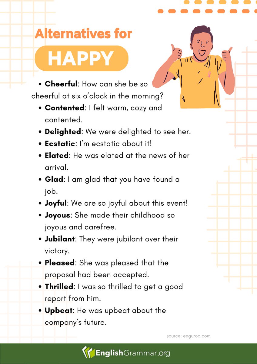 Words You Can Use Instead of 'Happy'

#vocabulary #writing #grammar