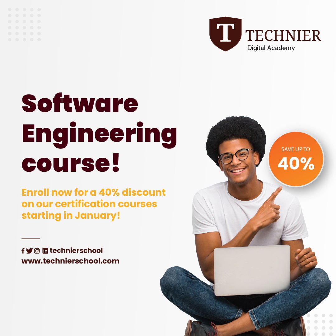 TechnierSchool's tweet image. We have a computer engineering course; don&apos;t miss the first session! Our certification classes, beginning in January, are 40% off if you enroll right away!

#Technierschool #softwareengineering #softwareengineeringlife #education