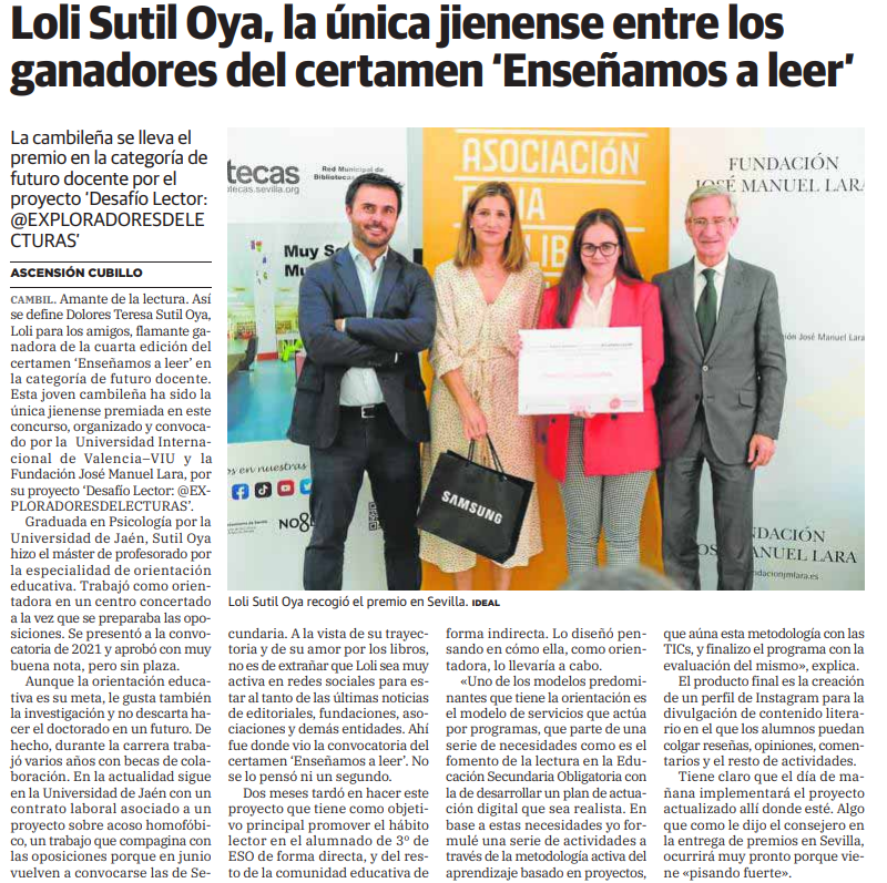 UniversidadVIU's tweet photo. Loli Sutil se alza con el premio del certamen "Enseñamos a leer", que organizamos junto a @FundacionJMLara, en la categoría de futuro docente por el proyecto ‘Desafío Lector: #EXPLORADORESDELECTURAS’. 
Vía @ideal_granada https://t.co/uxOardt57I