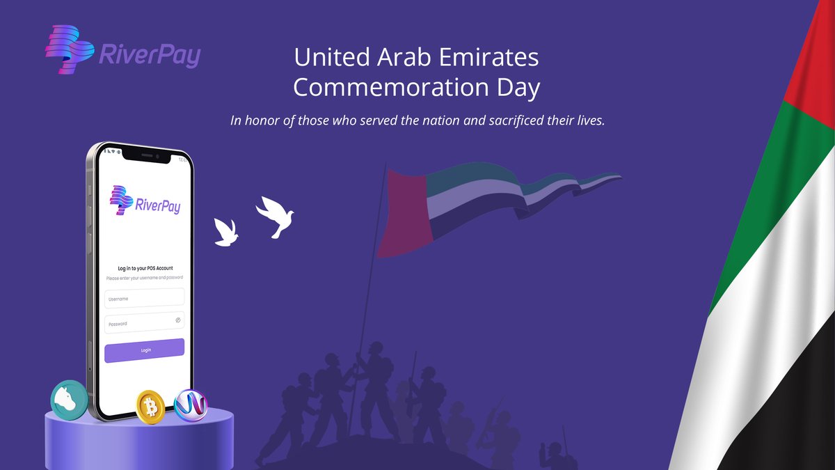 riverpay_io's tweet photo. In celebration of the UAE Commemoration Day, we give our deepest honor and gratitude, to the late souls of those who sacrificed their lives to secure the great nation of UAE.
#riverpay #CommemorationDay #easypay #cryptocurrency #crypto #digitalcurrency #Hippowallet #blokchain https://t.co/CPFpYf6fla