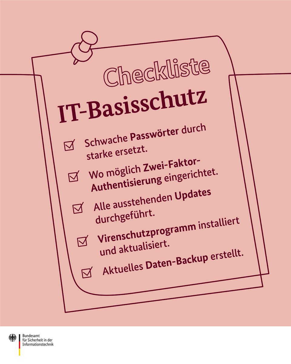 Heute am #ComputersicherheitsTag haben wir eine kleine Checkliste erstellt, mit der ihr etwas für euren Basisschutz tun könnt. Auch wenn nicht jedes Cyber-Verbrechen verhindert werden kann, machen wir es Cyber-Kriminellen dadurch deutlich schwerer! #DeutschlandDigitalSicherBSI