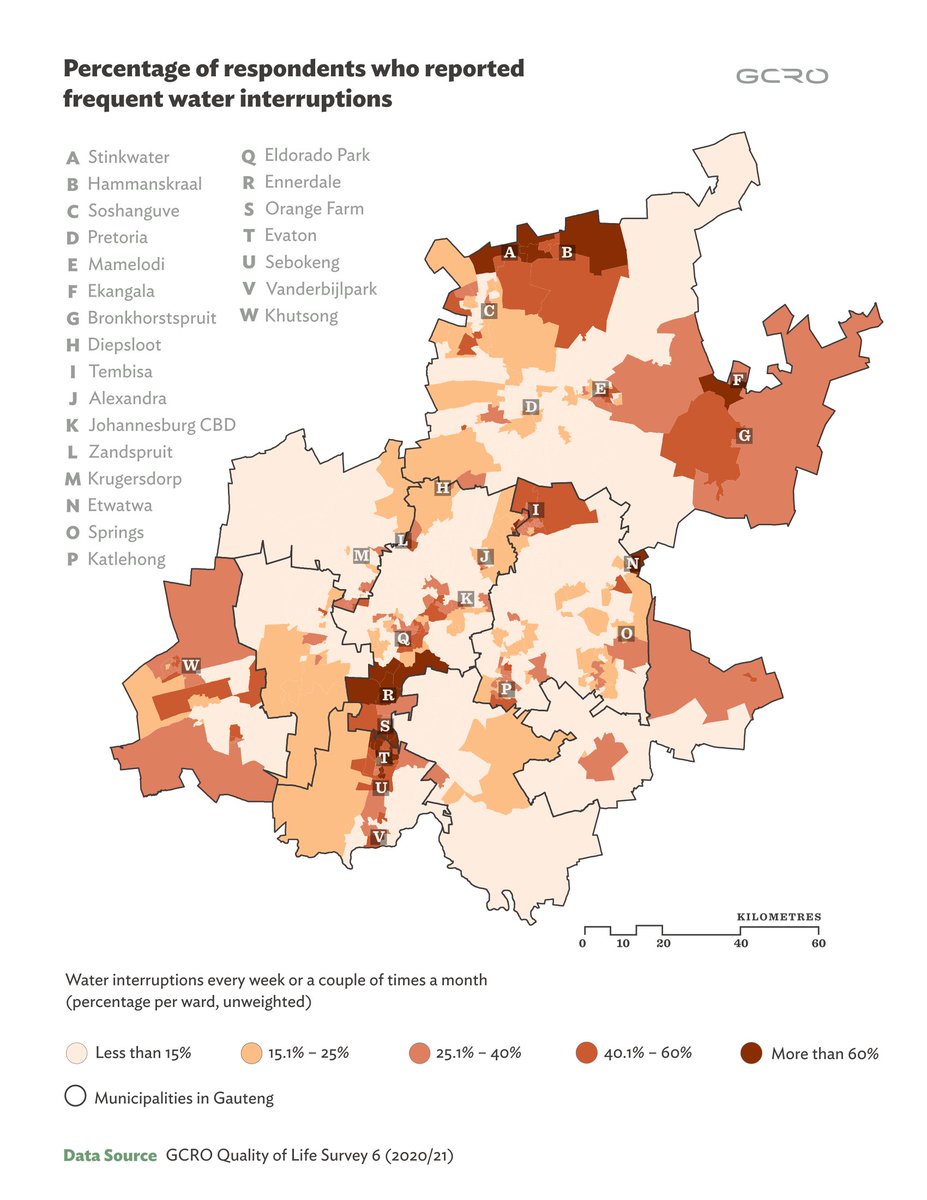 GCR_Observatory's tweet photo. Our final #Mapofthemonth for 2022 looks at #water interruptions. Using data from 2017/18 and 2020/21 we map how frequent water interruptions are more likely to affect poorer households and those in townships. Explore the interactive map and data here: https://t.co/kBgYPa6Uds https://t.co/hnUekzKixs