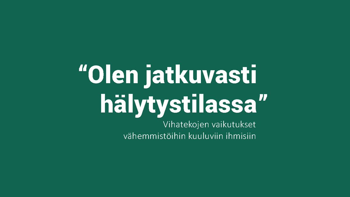 "Olen jatkuvasti hälytystilassa" -teemajulkaisu tekee näkyväksi moninaisia vaikutuksia, joita vihateoilla, vihapuheella ja häirinnällä on eri vähemmistöryhmiin kuuluviin ihmisiin.

Tutustu tuoreeseen teemajulkaisuun ⬇️
yhdenvertaisuus.fi/osaavat

#yhdenvertaisuus | #vihapuhe