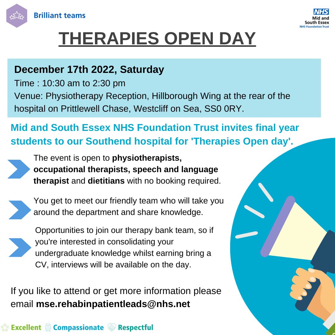 Mid and South Essex NHS Jobs (@joinmsehospital) on Twitter photo Our Therapies team at Southend Hospital are holding an open day on 17th December for final year students.
This is your opportunity to meet the team and even get a part time role with us!
For more info please email:
mse.rehabinpatientleads@nhs.net
#Therapies #NHSjobs Our Therapies team at Southend Hospital are holding an open day on 17th December for final year students.
This is your opportunity to meet the team and even get a part time role with us!
For more info please email:
mse.rehabinpatientleads@nhs.net
#Therapies #NHSjobs