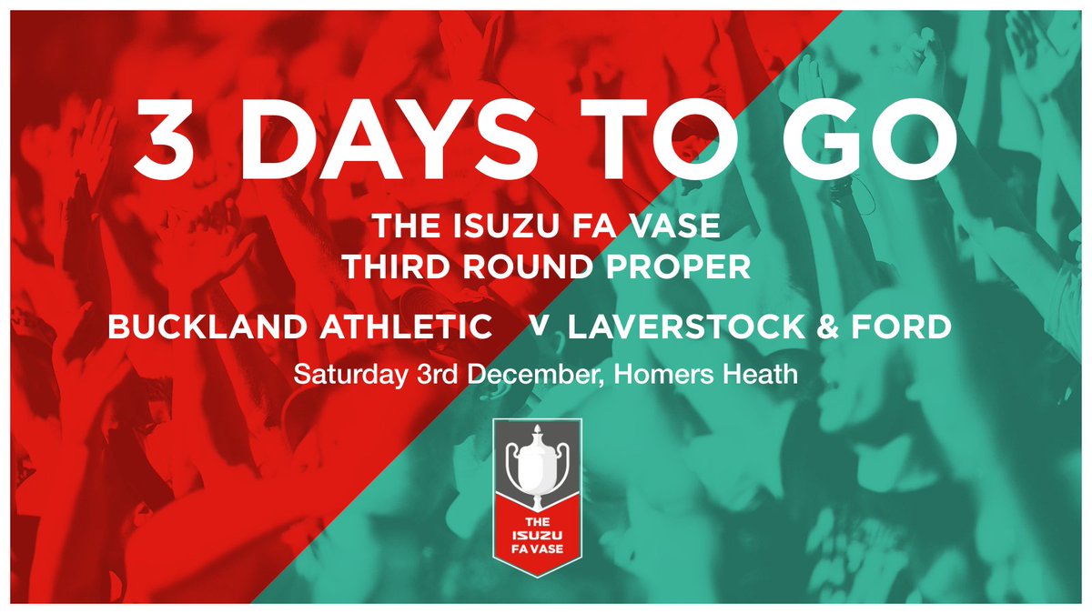 🏆 | The Countdown Continues...

3️⃣ days to go!

🆚️ <a href="/Lavvyfc/">Laverstock & Ford FC</a>
🏆 <a href="/FAVaseHQ/">FA Vase HQ</a> 3rd Round Proper 
🏟 Homers Heath, TQ12 1DG 
⏱️ 3pm KO 
💷 Adults £7, Consessions £5, Children (Under 16) £2
📙 Bucks Review £1.50

🍺🍔 Homers Bar &amp; Kitchen open from midday

#UpTheBucks 🟡⚫️