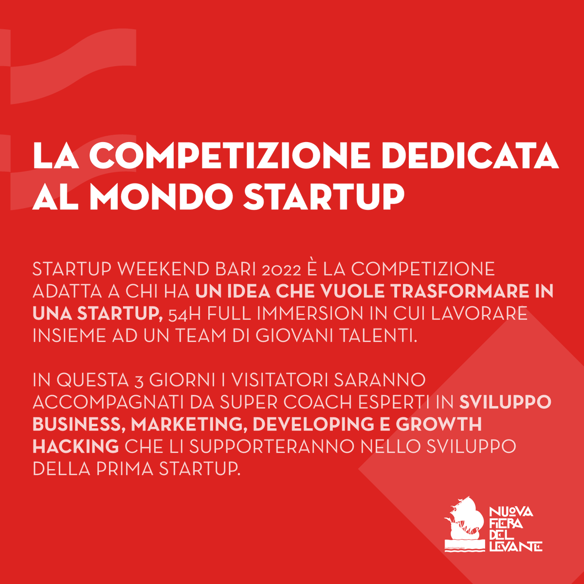 FieraDelLevante's tweet photo. #Startup Weekend Bari 2022
Ritorna Startup Weekend Bari, la competizione dedicata al mondo startup più amata del mondo.
La competizione adatta a chi ha un idea che vuole trasformare in una Startup, 54h full immersion in cui lavorare insieme ad un team di giovani talenti. https://t.co/IPLaXqhEee