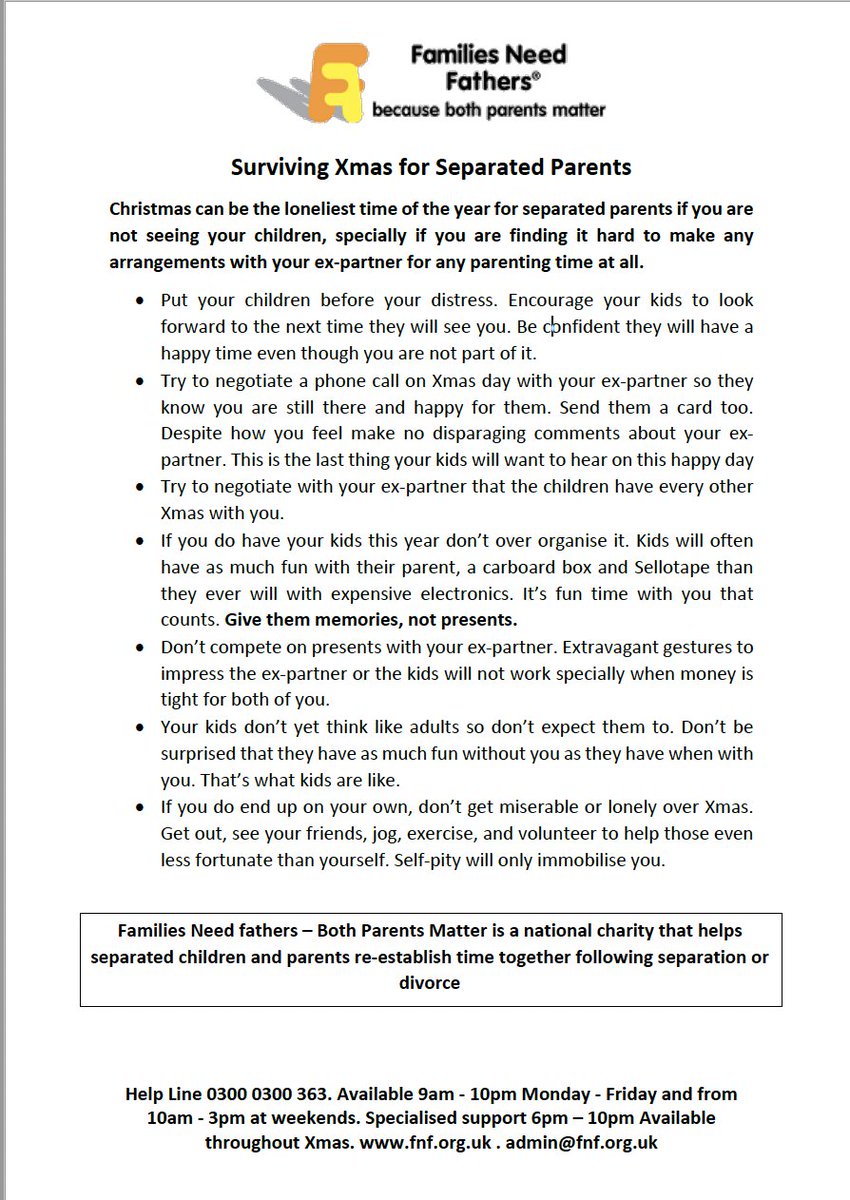 Christmas can be the loneliest time of the year for separated parents if you are not seeing your children, specially if you are finding it hard to make any arrangements with your ex-partner for any parenting time at all. Our helpline 0300 0300 363 is open.