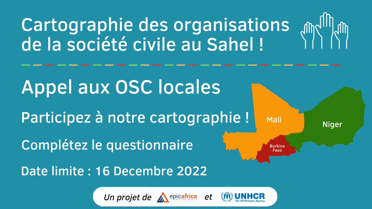 EPIC_Africa_'s tweet photo. Appel à l'action ! @EPIC_Africa_ &amp; @UNHCRWestAfrica sont en train de cartographier les organisations de la société civile au Sahel - Burkina Faso, Mali et Niger. Nous invitons toutes les OSC et ONG locales à remplir notre questionnaire de cartographie ⇒ https://t.co/hR0xSZBDG0 https://t.co/TAuBp2UM8w