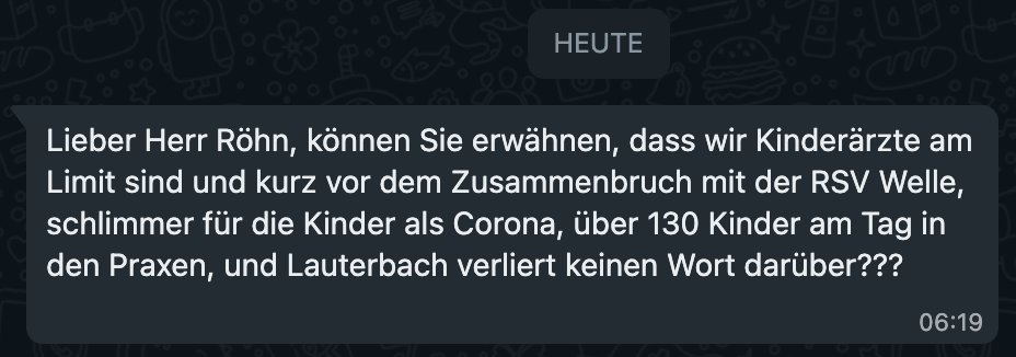 Bekomme aktuell viele solcher Nachrichten – zuletzt heute Morgen von einer Kölner Kinderärztin. Selten mit der direkten Erwähnung des Ministers, aber grundsätzlich mit der Info über eine besorgniserregende Lage in Kinderarzt-Praxen und Kinderkliniken an vielen Orten des Landes.