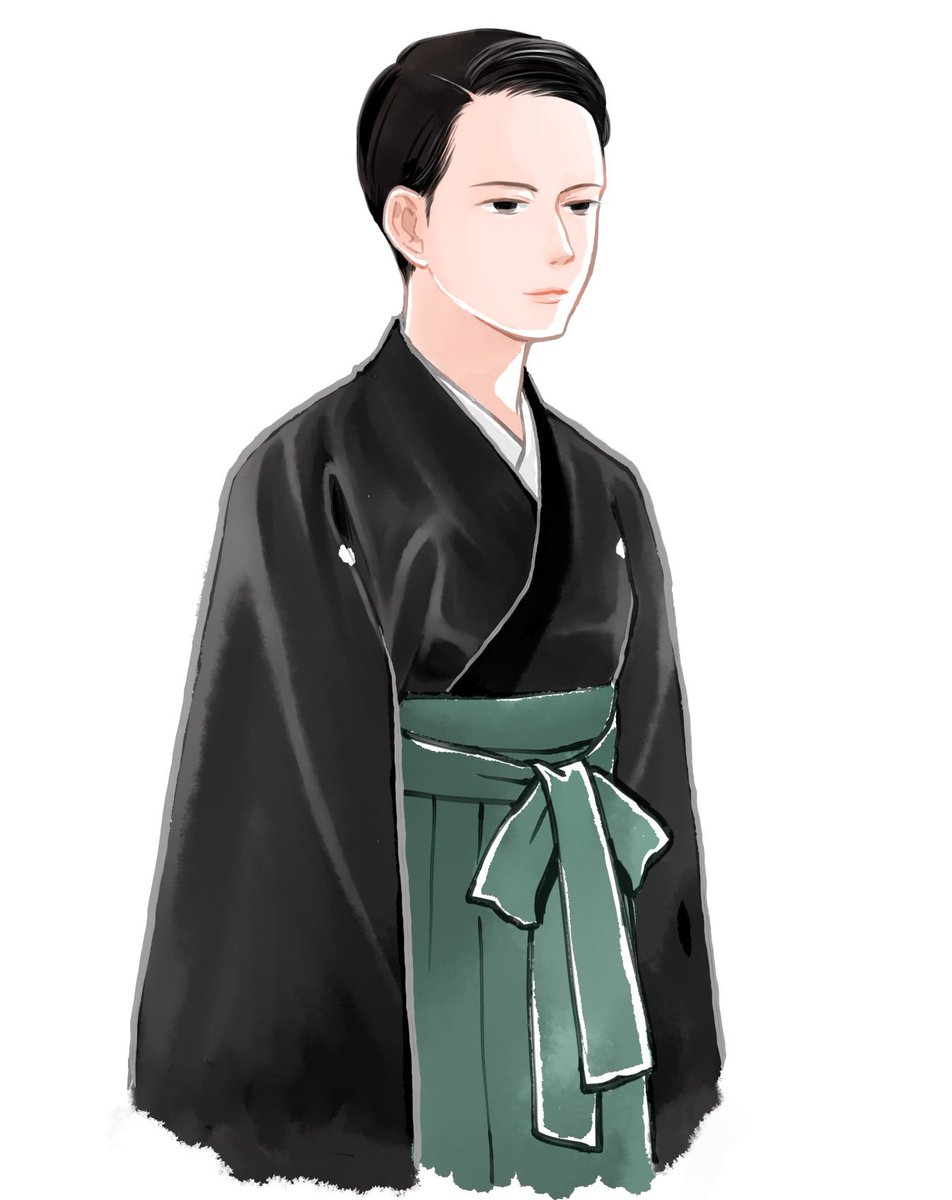 japanese clothes solo black hair hakama white background 1boy simple background  illustration images