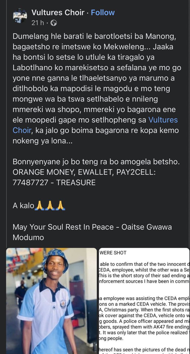 The choir that the Sefalana Employee was part of is pleading with the nation for financial assistance.  !