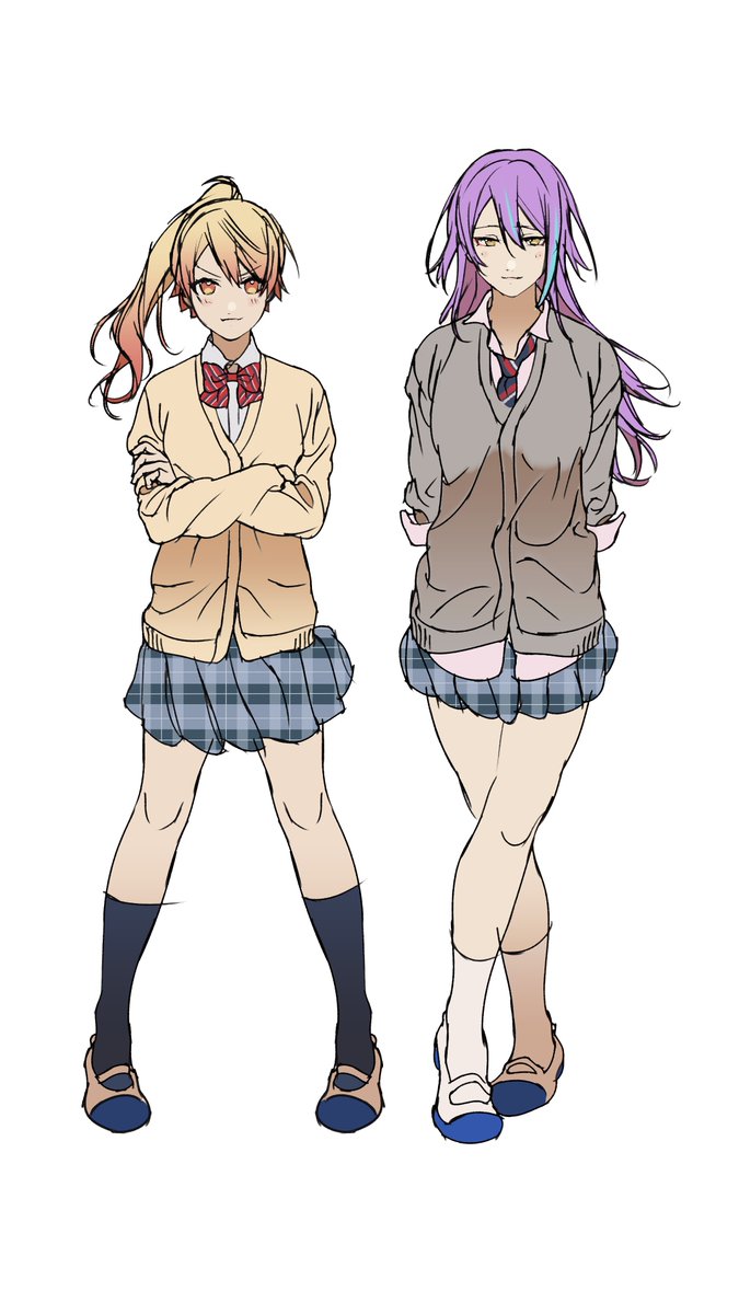 multiple girls 2girls school uniform skirt purple hair socks crossed arms  illustration images