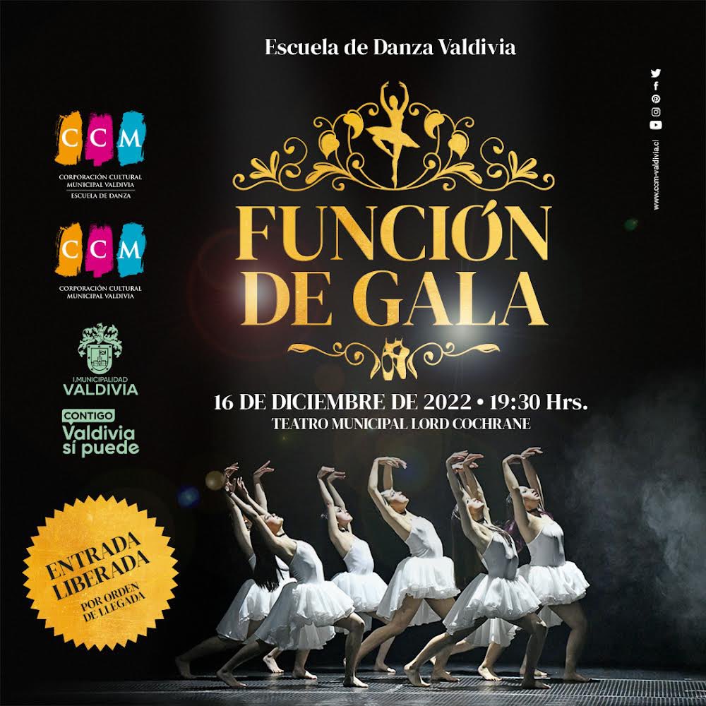 Función de Gala de la Escuela de Danza Valdivia
Teatro Municipal Lord Cochrane - Viernes 16 de diciembre 2022
<a href="/danza_valdivia/">Escuela de Danza Valdivia</a> <a href="/munivaldivia/">MuniValdivia</a> <a href="/MunicipalVald/">Teatro Municipal Val</a> <a href="/INJUVLosRios/">INJUV Los Ríos</a> <a href="/culturaslosrios/">Culturas Los Ríos</a> @eligecultura #Valdiviacl