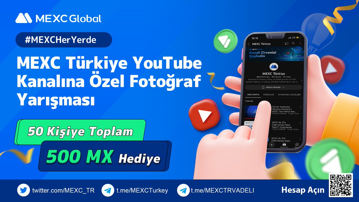 📸 #MEXCHerYerde YouTube Kanalına Özel Fotoğraf Yarışması

💰 50 Kişiye Toplamda 500 $MX Hediye!

📌 Hemen Katıl: forms.gle/jJP7CxDbLYsV6F…

🔷 Takip et: <a href="/MEXC_TR/">MEXC TR</a> 
🔷 Abone ol: bit.ly/3Vvcwro
🔷 Alıntıla, 5 kişi etiketle, fotoğrafını ekle, #MEXCHerYerde etiketi ile paylaş