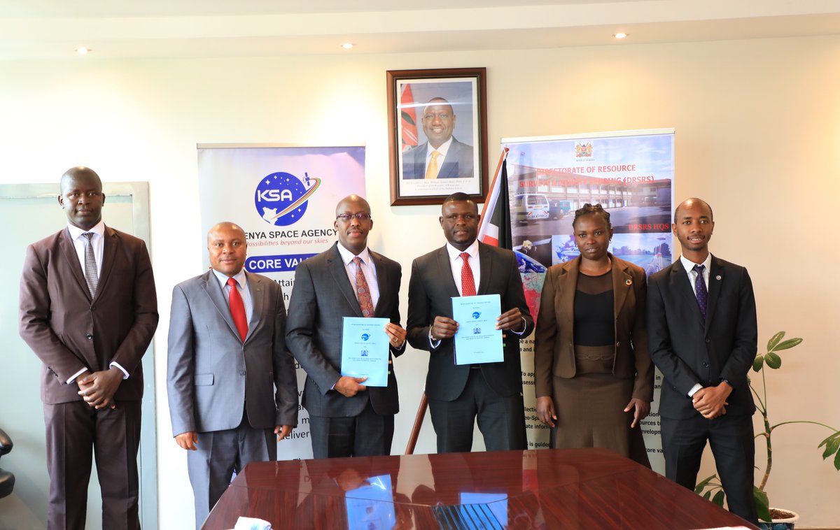 SpaceAgencyKE's tweet photo. KSA on Tuesday 29 Nov 2022 signed an MoU with the Directorate of Resource Surveys and Remote Sensing (DRSRS) at the KSA Headquarters in Nairobi. 
The MoU was signed by Ag. DG KSA Brig. Hillary Kipkosgey and DRSRS Director Dr. Moses Akali. 

Read more: https://t.co/hja6lsfnRW https://t.co/DmR6yhdEZh
