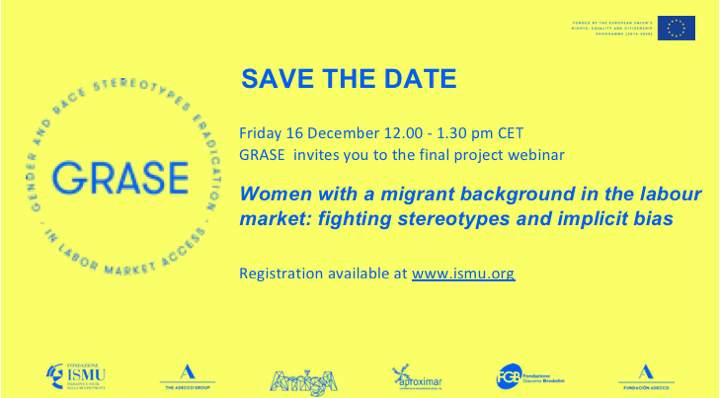 Want to learn more about stereotypes and implicit #bias #women with migratory background face when accessing the #labour #market?

👥Then join our <a href="/EuGrase/">GRASE</a> project final webinar
📅16 December
⏲️12.00-1.30pm

✏️Registration here bit.ly/3EMqPRJ
More ℹ️ info coming soon!