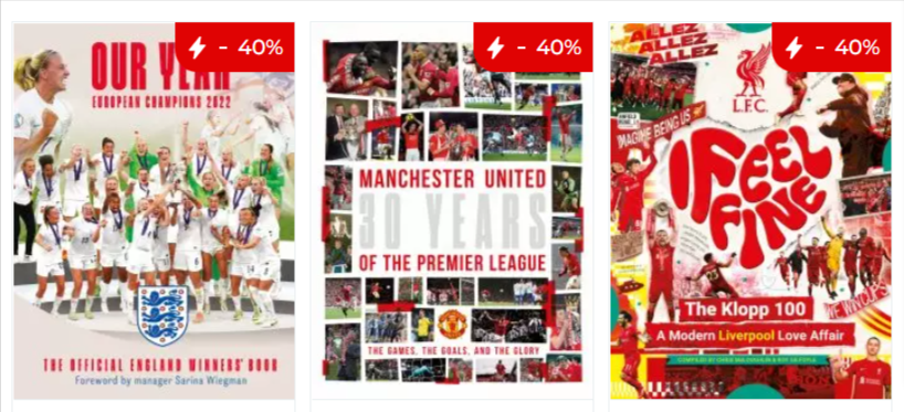 We have 40% off all our books! You'll find books for fans of Liverpool, Manchester United, Manchester City, Arsenal and more - plus the official book celebrating the Lionesses! 

reachsportshop.com/all-products/?…