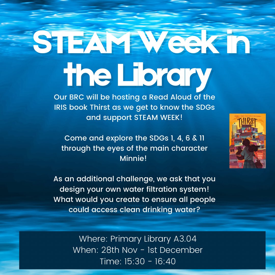 Come and connect with the SDGs through stories after school. This week our Book Review Crew will be in the Library from 15:30 reading Thirst by
<a href="/varshabajaj/">Varsha bajaj</a> The students will then guide a discussion about the connected SDGs in Thirst. #UNSDG #SGD14 #SGEviaBooks
