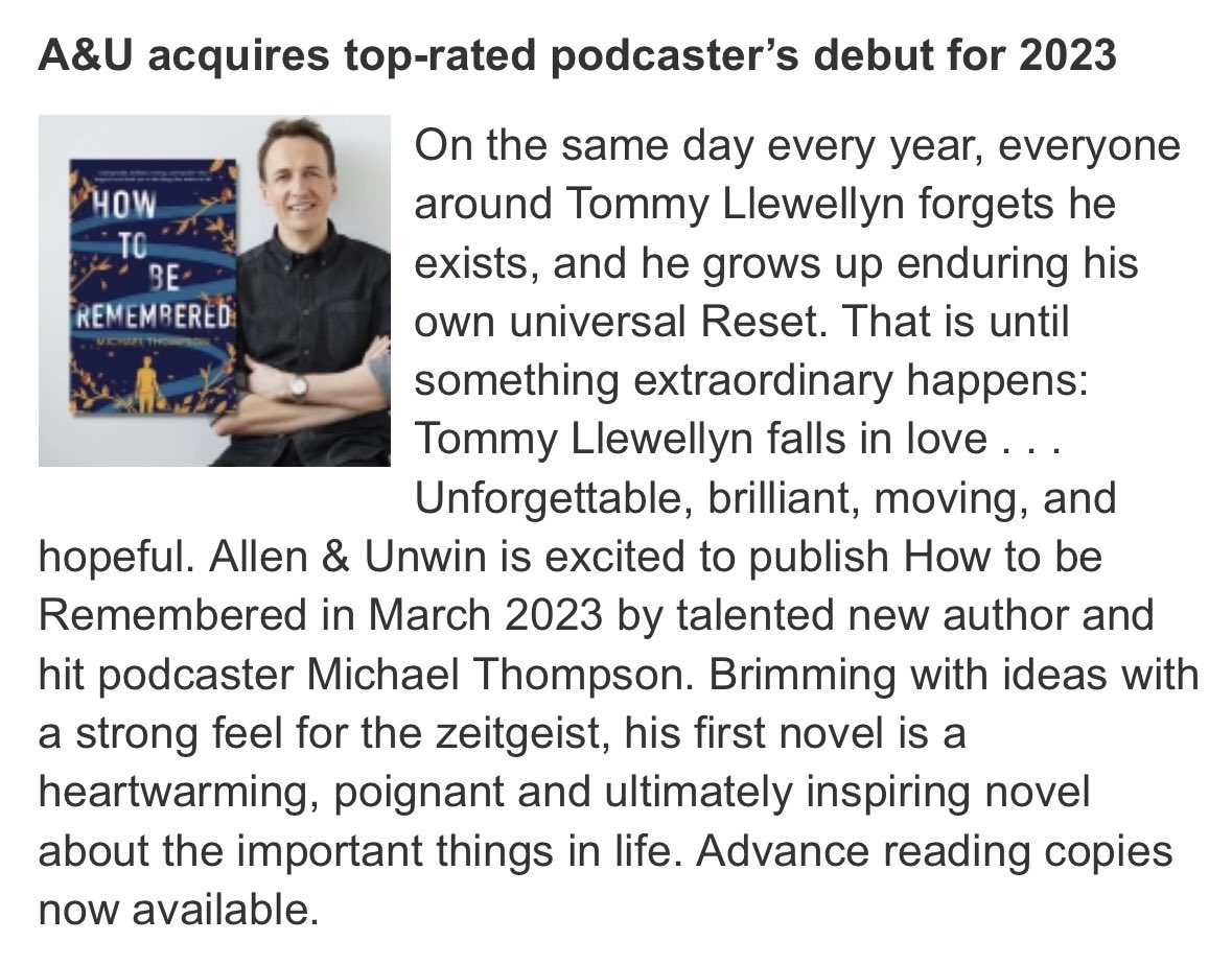 What a thrill to see this today in @booksandpublishing - Australia’s publishing bible. How To Be Remembered is out with <a href="/AllenAndUnwin/">Allen & Unwin</a> in March 2023, and in the US with <a href="/Sourcebooks/">Sourcebooks</a> in June 2023. Can’t wait! Pre-order link in bio. #WritingCommunity #debut