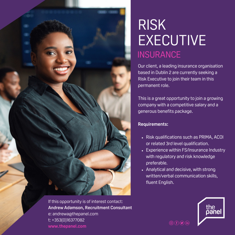 ThePanelDublin's tweet photo. Risk Executive (https://t.co/lSy7L4BoBN) role is currently available with our client, a leading insurance organisation.
For more information contact Andrew Adamson at andrewa@thepanel.com
#jobfairy #risk #riskexecutive #insurance #prmia #acoi #financialservices https://t.co/yJPSwPzA37