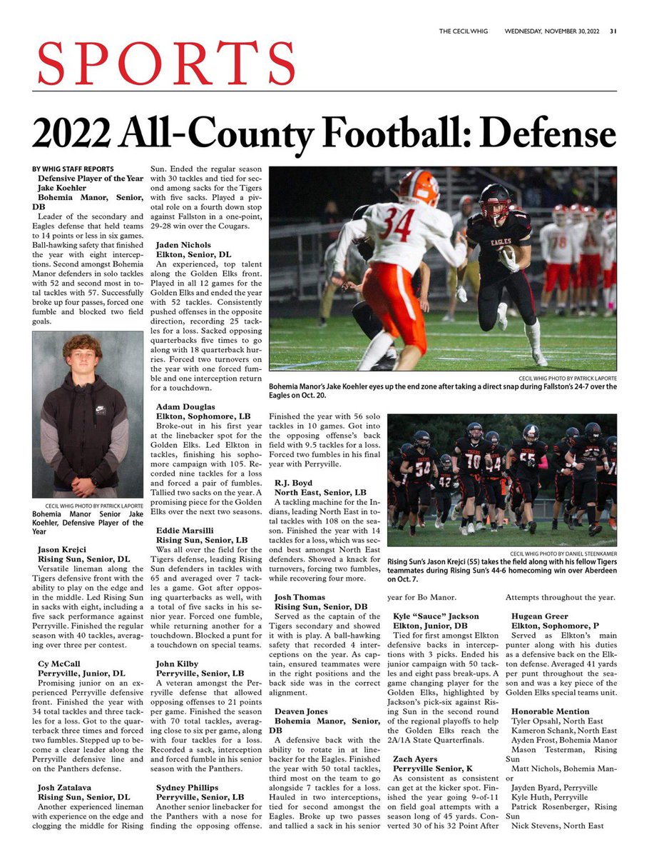 Congratulations to:
<a href="/ZachAyers01/">Zach Ayers</a> for EARNING 1st team ALL-County as a KICKER! 
<a href="/Cy_McCall55/">Cy McCall</a> 
<a href="/sydneyvjekop/">Sydney Phillips</a> 
John Kilby

For EARNING 1st Team Defensive ALL-County from the <a href="/Cecil_whig/">Cecil Whig</a> 

Congratulations to <a href="/Jaydenbyard21/">Jayden Byard⭐️</a> and <a href="/kyle_huth_/">Kyle Huth</a>  for EARNING Honorable Mention ALL-County!