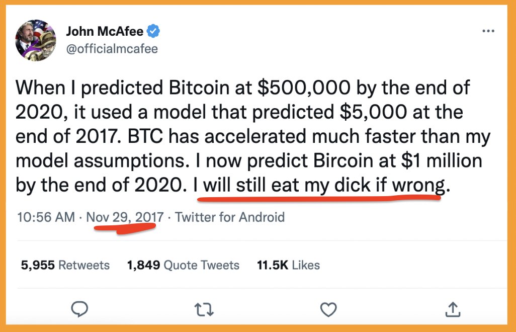 ✨ Exactly 5 years ago, John McAfee doubles down on the most insane #Bitcoin bet of all time