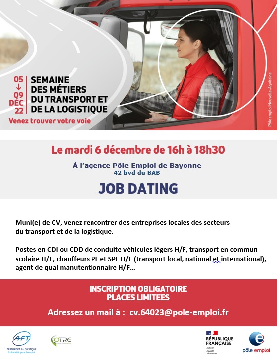 📆AGENDA🔔
Rendez-vous mardi 6 décembre lors de la semaine nationale des métiers du #transport et de la #logistique pour un #JobDating à <a href="/VilleDeBayonne/">VilleDeBayonne</a> dans les locaux de l'agence @pole_emploi
ℹ️  Adressez un mail pour vous inscrire
#TousMobilisés 🚛🚎🚚