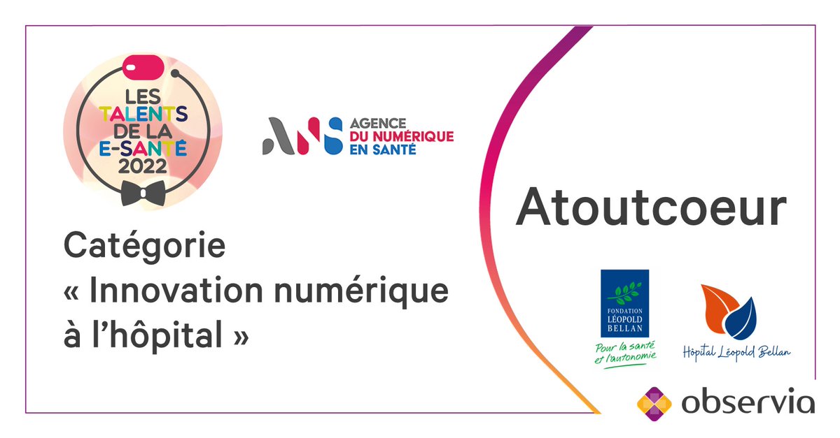 Notre projet Atoutcoeur est sélectionné pour les #TalentsdelaEsanté 2022, dans la catégorie "Prix de l'innovation numérique à l'hôpital" !
Il s'agit de la première plateforme d'éducation thérapeutique du patient digitalisée en France. 
Résultats le 8 décembre !