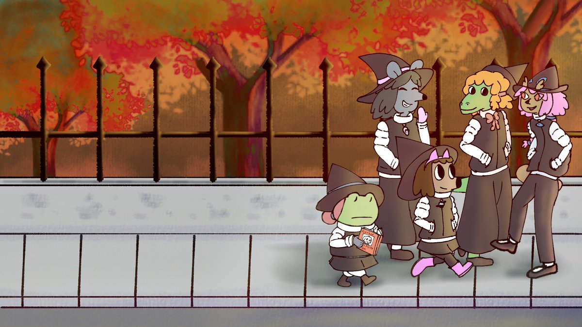 OrdinaryBaguet1's tweet photo. Sketch of 5 coven sandwiches doing a walking ritual in the autumn season. 

#summercampisland https://t.co/IM0iTDZ3NX