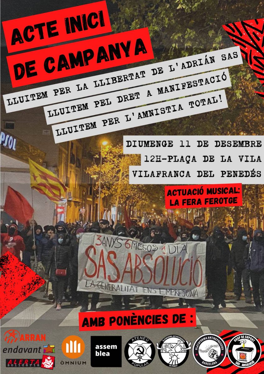 🗣️ L'11 de desembre farà 4 anys de la detenció de @Adrian__Sas, el qual aviat haurà d'ingressar a presó. Per evitar-ho ens hem d'organitzar.

👉 Lluitem per la llibertat de l'Adrián Sas. Lluitem pel dret a manifestació!

📅Diumenge 11
🕛12 h
📍Pl de la vila Vilafranca del Penedès