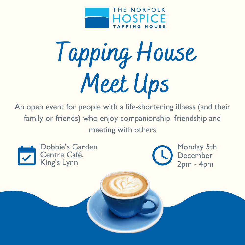 We are looking forward to the next session of Tapping House Meet Ups this Monday! ☕🍰

The next meet up will be on Monday 5th December from 2pm-4pm at Dobbie's Garden Centre Café.

More information: bit.ly/3AnD8BW