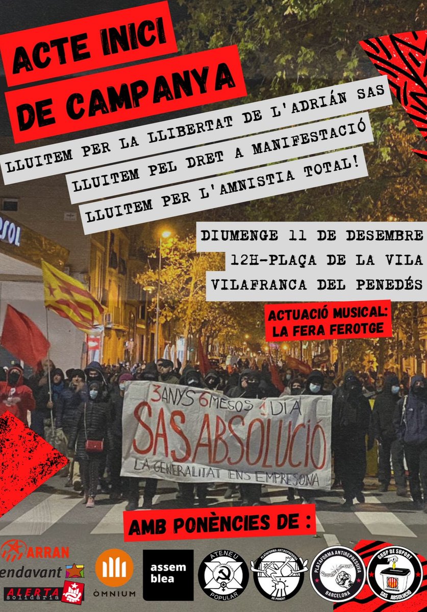 🗣️ L'11 de desembre farà 4 anys de la detenció de @Adrian__Sas, el qual aviat haurà d'ingressar a presó. Per evitar-ho ens hem d'organitzar

👉 Lluitem per la llibertat de l'Adrián Sas. Lluitem pel dret a manifestació!

📅 Diumenge 11
🕛12h
📍 Pl de la vila Vilafranca del Penedès
