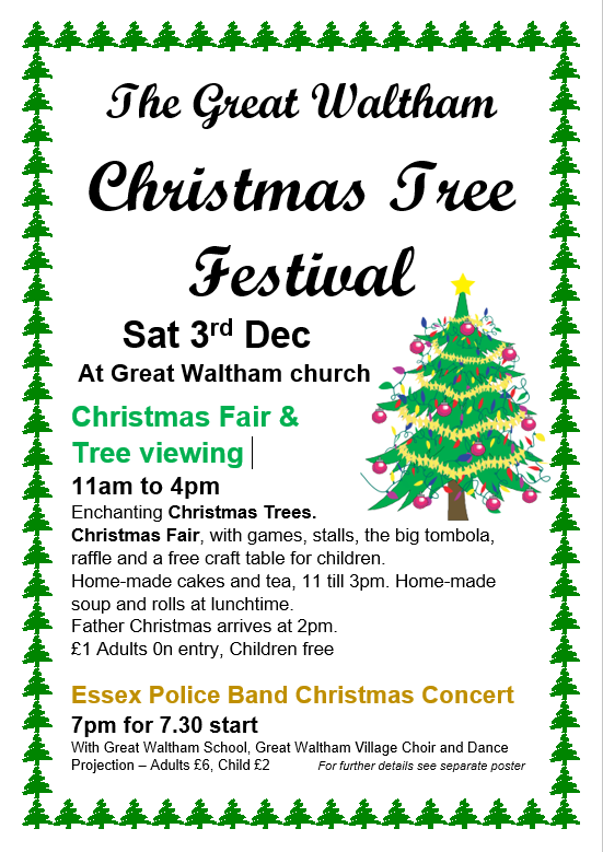 This weekend it's the Great Waltham Christmas Tree Festival. I'll be there with my local history books, including "An Essex Quizbook" and "Islands of Essex". Lots of other stalls, including <a href="/Imelda_Parsley/">Alison Yearsley</a> with her framed flower photographs and pin-cushion dogs.