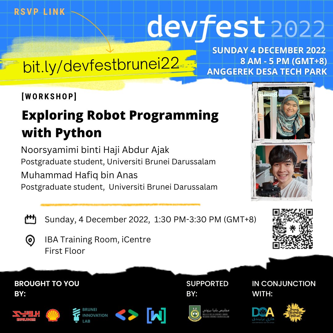 ubdsds's tweet photo. Our MSc students will be conducting robotic workshop at DevFest Brunei 2022 organized by GDG Brunei and Women Techmakers Brunei.
.
Free registration: https://t.co/vv9uVvAwdR 
. 
#ubdsds #ubd #devfestbrunei2022 https://t.co/H3DIy3am4U