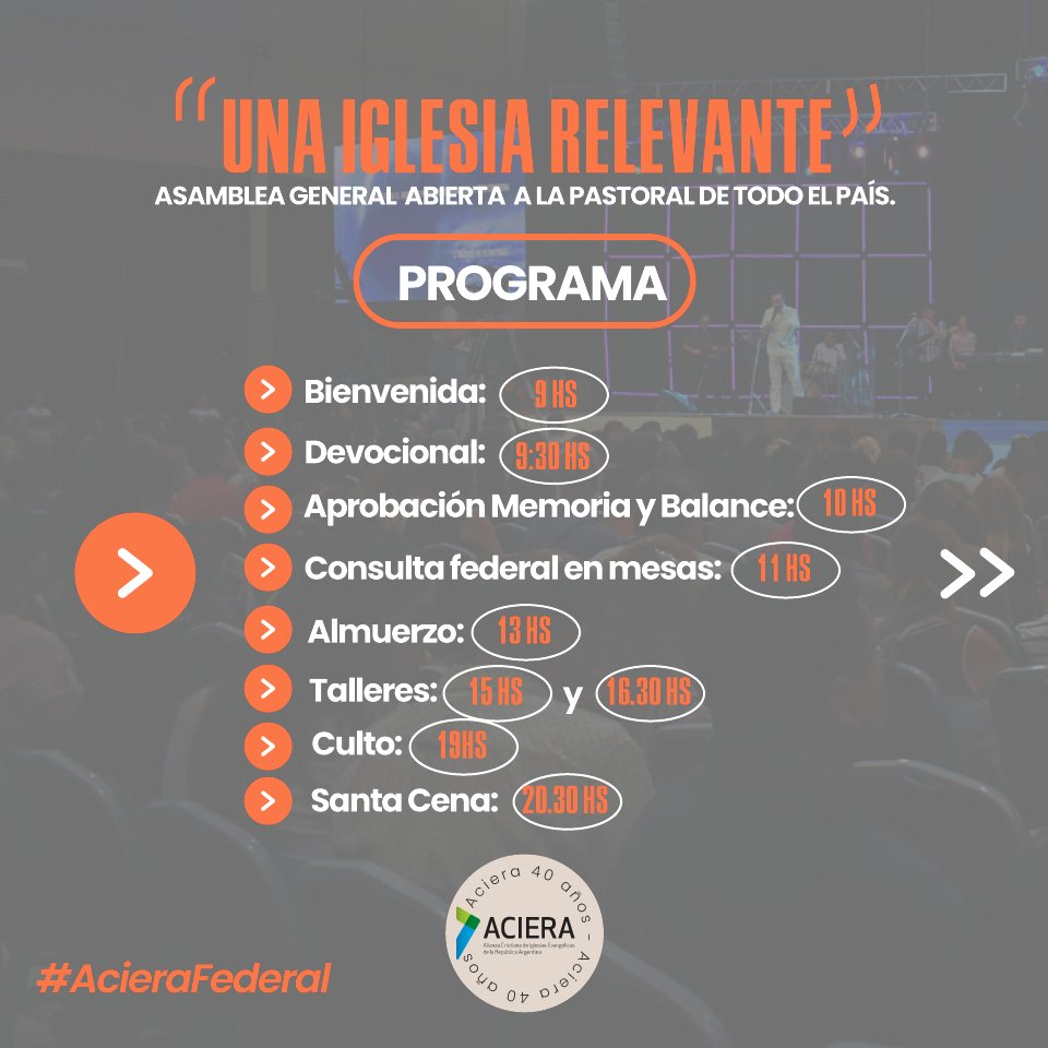 ¡Esperamos a los pastores y líderes del país!
#UnaIglesiaRelevante.
Este 6 de diciembre en Córdoba desde las 9hs. en el
marco de la Asamblea General Ordinaria.
En este link:bit.ly/AsambleaACIERA
podrás inscribirte ¡te esperamos!
<a href="/aciera_arg/">ACIERA</a>