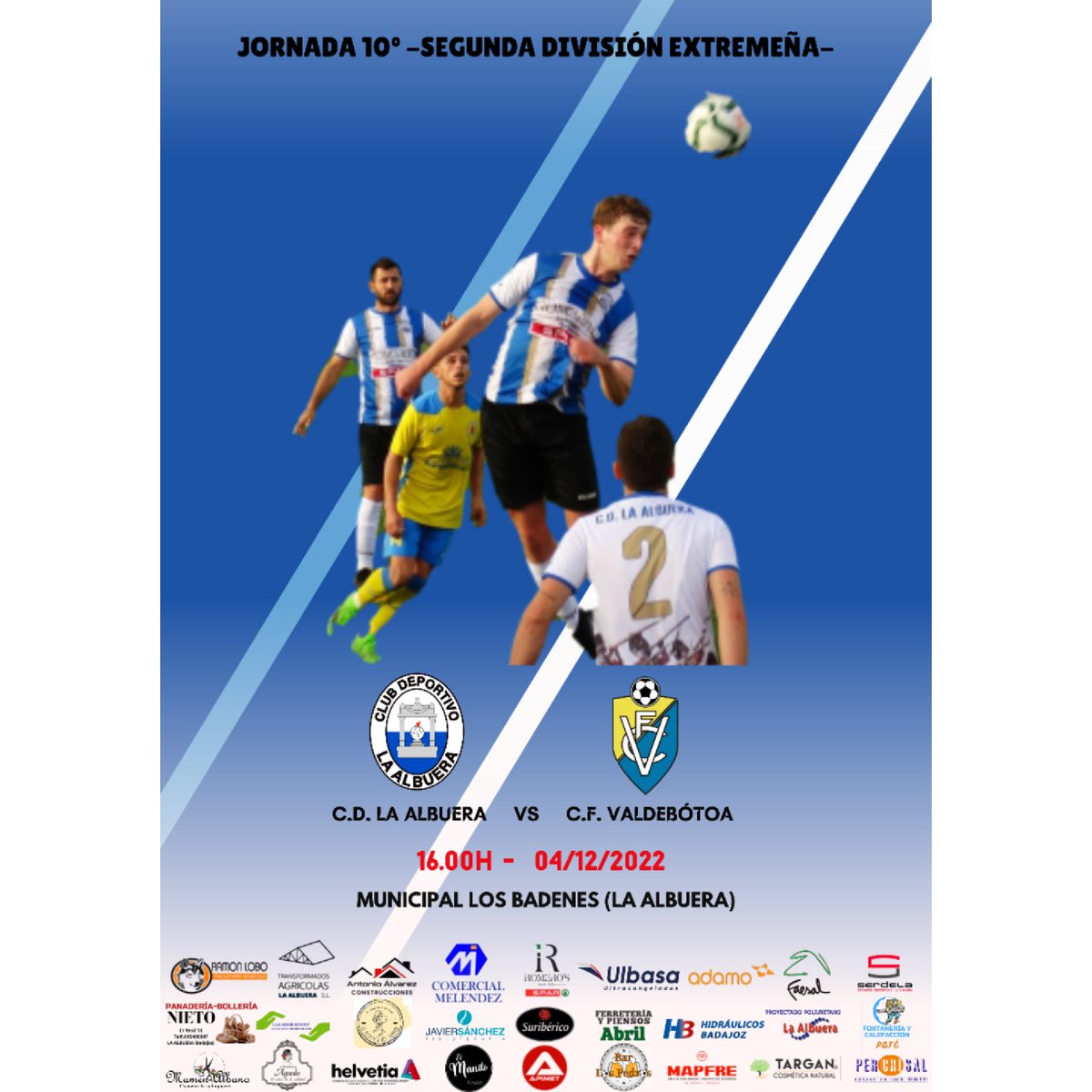 OFICIAL | 10° Jornada Segunda División Extremeña.

@cdlaalbuera - @valdebotoacf

📆 04/12/2022

⌚16.00h

🏠Campo municipal “Los Badenes”

Ven a animar a tu equipo. El equipo te necesita en este nuevo comienzo. 
Con vosotros será todo mas fácil.
Te esperamos.
#segundaextremeña
