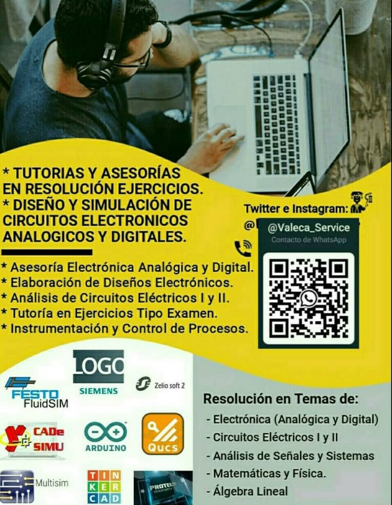 Valeca_Service's tweet photo. Tutorías y Asesorías en Resolución de Ejercicios y Trabajos de Diseño en Electrónica Analógica y Digital...Circuitos Eléctricos... Instrumentacion y Control de Procesos...Neumática y Electroneumatica.
#Proteus #Multisim #Fluidsim #Cadesimu #Logosoft #Zeliosoft
+ Info al DM. https://t.co/3JTHzv7cBR