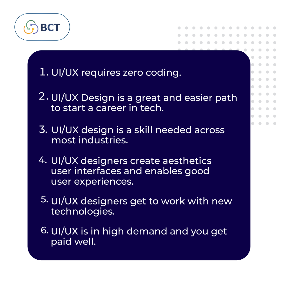 bct_academy's tweet photo. Learn how to become a professional UI/UX designer in just 8 weeks, including an internship and mentorship!

Join the next cohort, which will start on January 16, 2023.

Send a DM and follow @bct_academy for more information. #learning #internship #designer #tech #coding #ui #ui https://t.co/5wP98Faex2