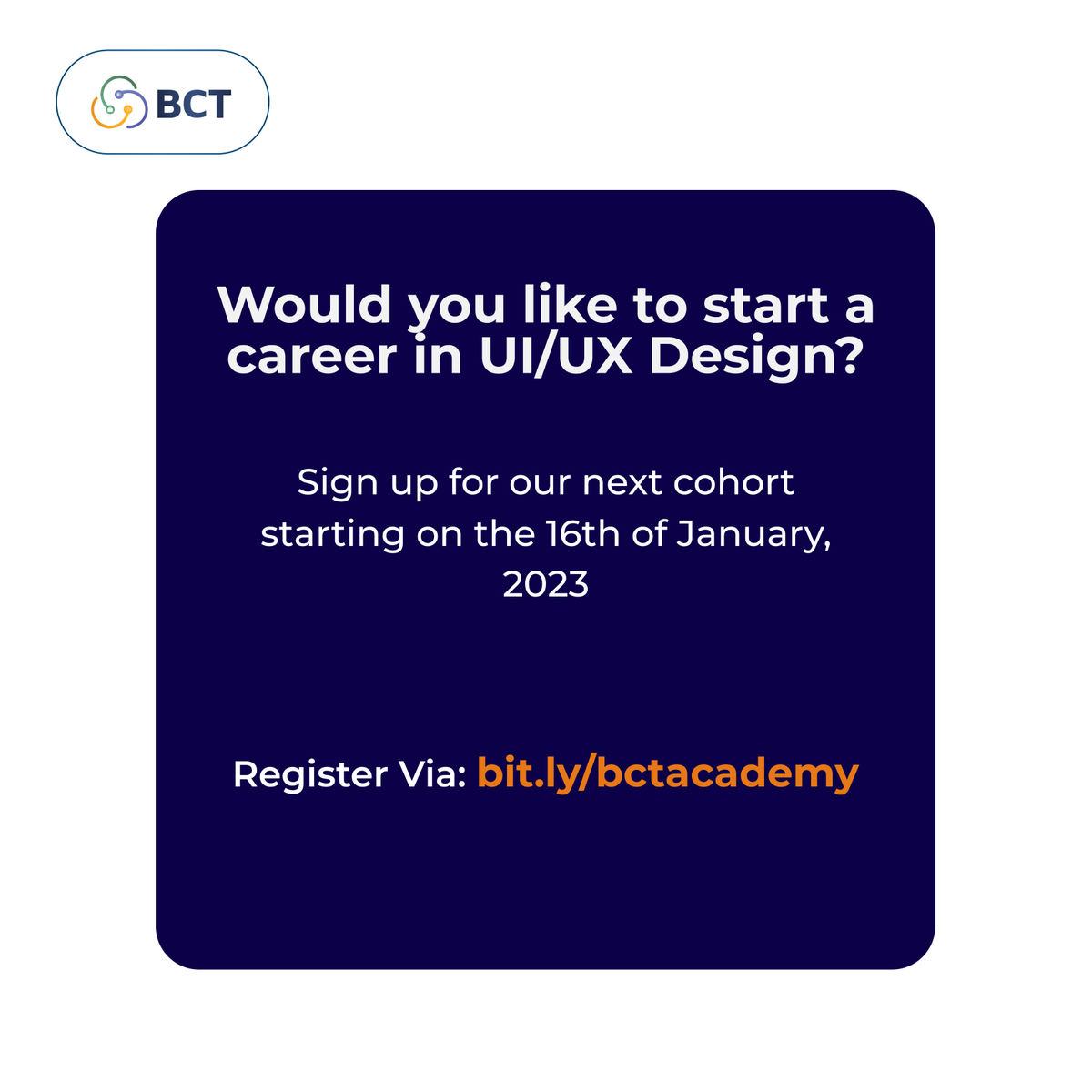 bct_academy's tweet photo. Learn how to become a professional UI/UX designer in just 8 weeks, including an internship and mentorship!

Join the next cohort, which will start on January 16, 2023.

Send a DM and follow @bct_academy for more information. #learning #internship #designer #tech #coding #ui #ui https://t.co/5wP98Faex2