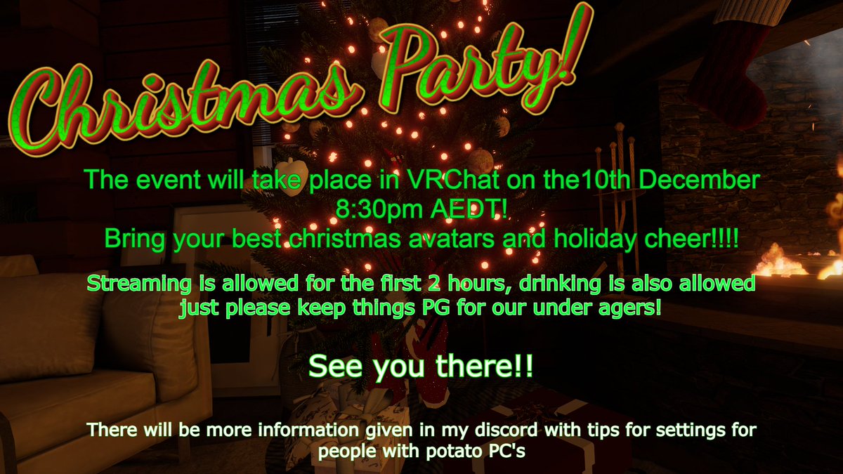 EveningsRose's tweet photo. Welp it is that time of year again!! Christmas party time!!! I will see you in VRChat on the 10th of December 8:30pm AEDT in your best Christmas avatar! https://t.co/YFSRPdVfX6
